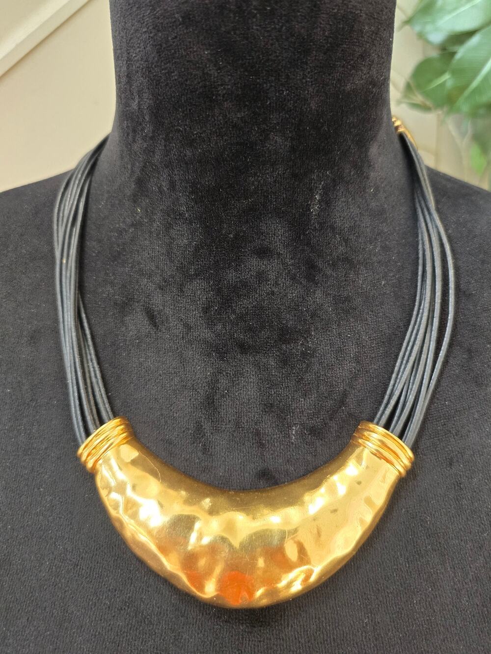 Hammered Gold Tone Crescent Bib Statement Necklace Black Multi Cord
